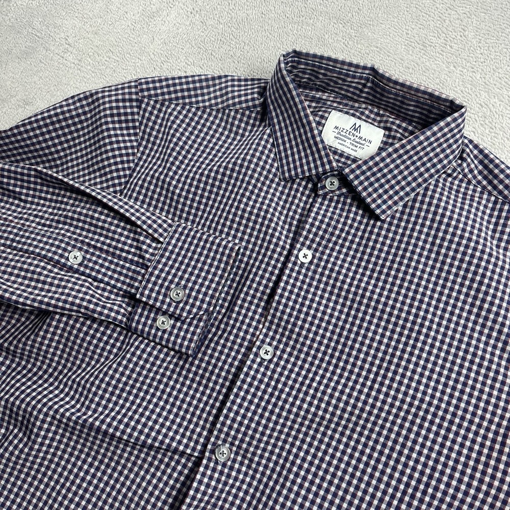 Mizzen + Main Shirt Men's Medium Blue Red Check Trim FIt‎ Performance Stretch